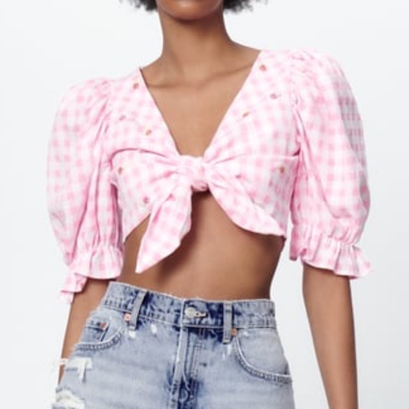 Zara pink and white gingham embroidered cropped blouse NWT - Picture 1 of 11